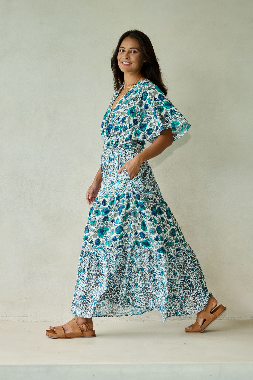 Model Tahnee wearing size 10 of the Tiers Of Joy Maxi Dress in colour Bluefleur (Blue), from the front, showing the whole outfit