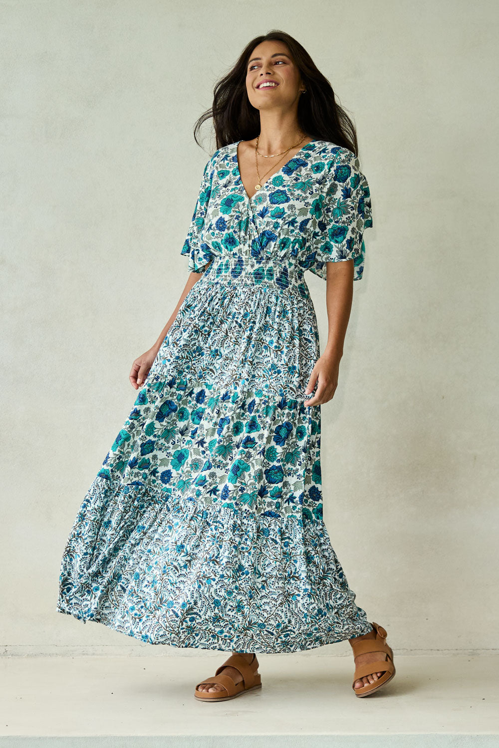 Model Tahnee wearing size 10 of the Tiers Of Joy Maxi Dress in colour Bluefleur (Blue), from the front, showing the whole outfit