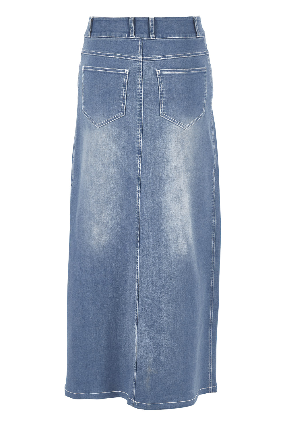 Product shot of the Dusty Footprints Skirt in colour Denim (Blue), from the back