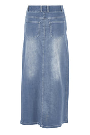 Product shot of the Dusty Footprints Skirt in colour Denim (Blue), from the back