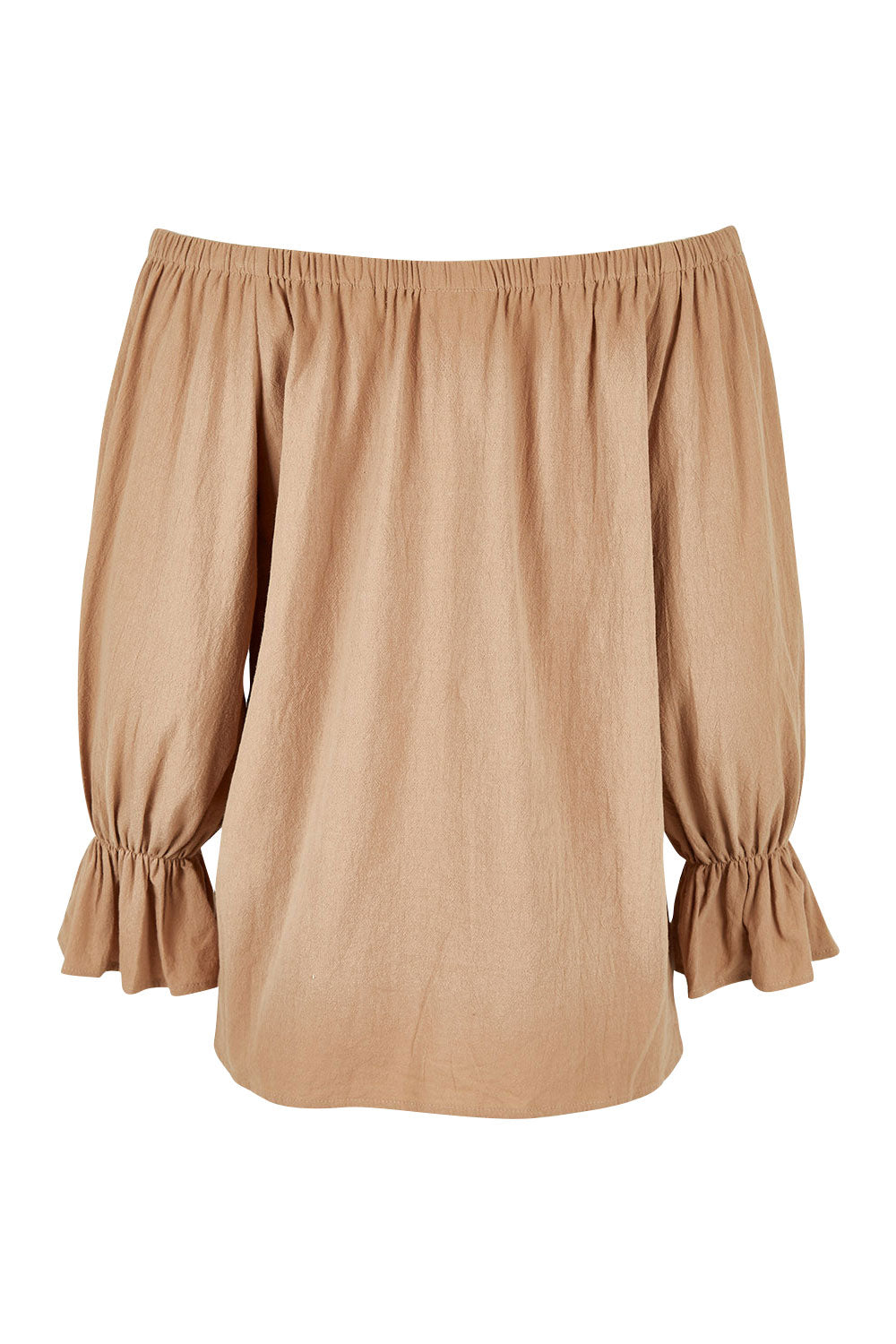 Product shot of the Twinkle In My Eye Off The Shoulder Top in colour Sand, from the back