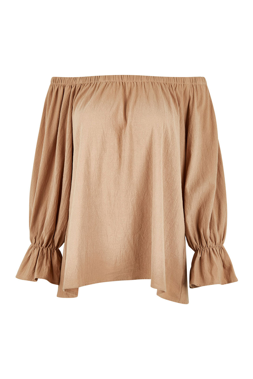 Product shot of the Twinkle In My Eye Off The Shoulder Top in colour Sand, from the front