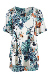Product shot of the Free Falling Top in colour Birdfleur (Blue), from the front