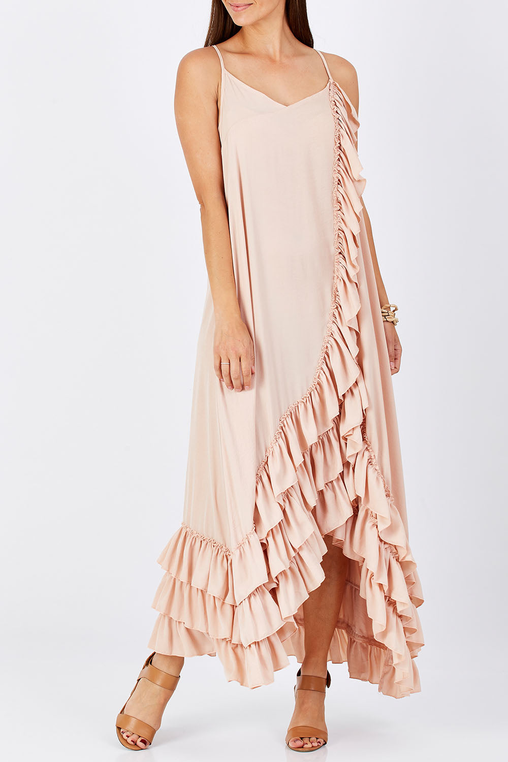Model Anna wearing size S-M of the Margarita Dress in colour DustyRose (Pink), from the front, cropped image