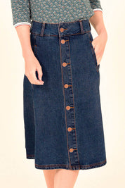 A model wearing the Preloved Denim Circle Skirt in colour Blue (Blue), from the front, cropped image