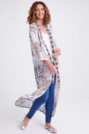 Model Emma wearing the Lavender Duster in colour Lavender (White), from the front, showing the whole outfit