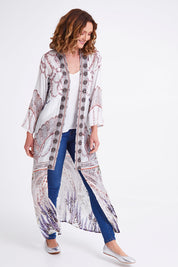 Model Emma wearing the Lavender Duster in colour Lavender (White), from the front, showing the whole outfit