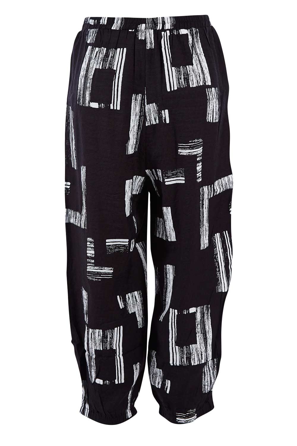 Product shot of the Line Print Gathered Hem Pants in colour Blackwhite (Black), from the back