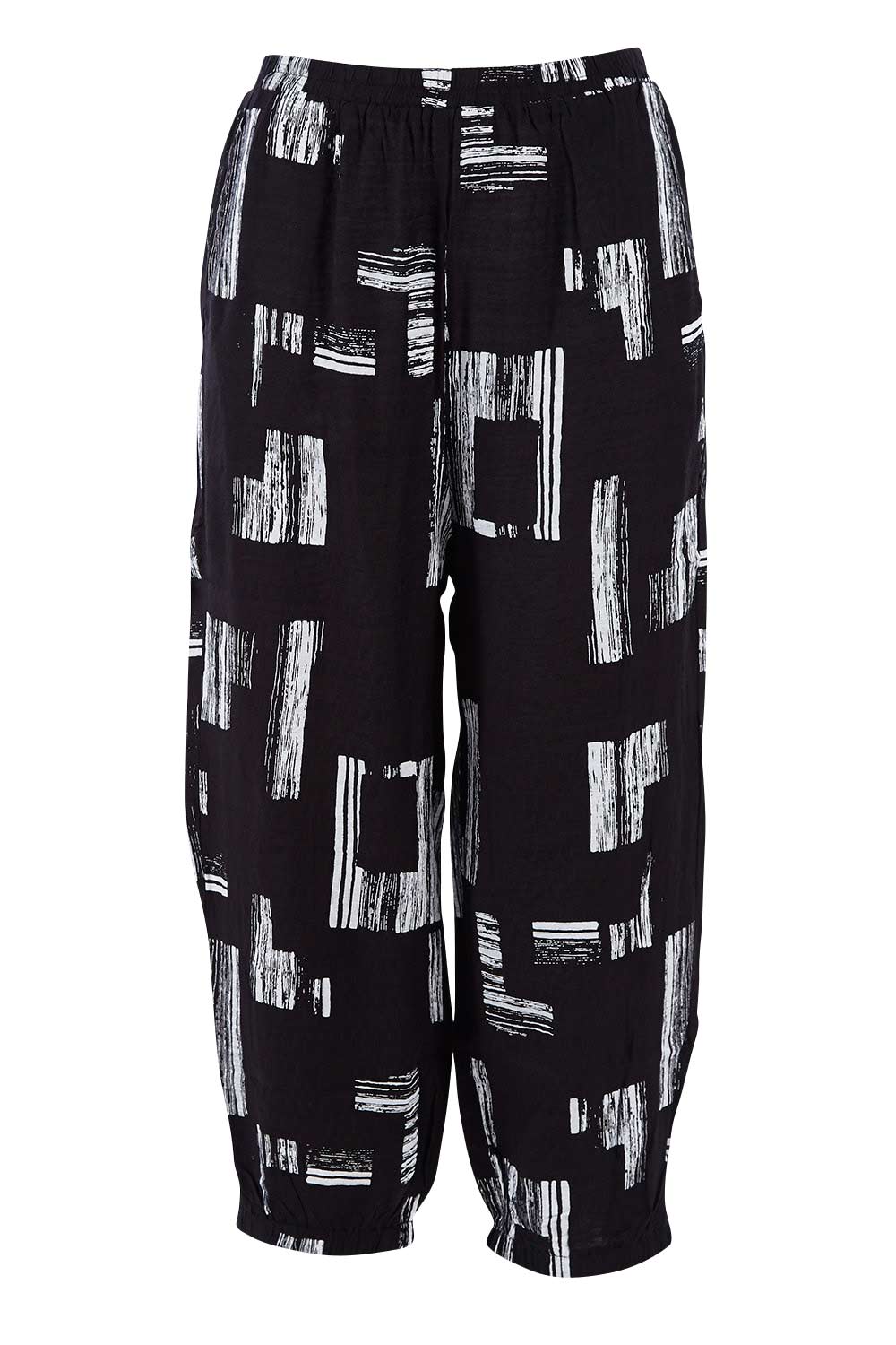 Product shot of the Line Print Gathered Hem Pants in colour Blackwhite (Black), from the front