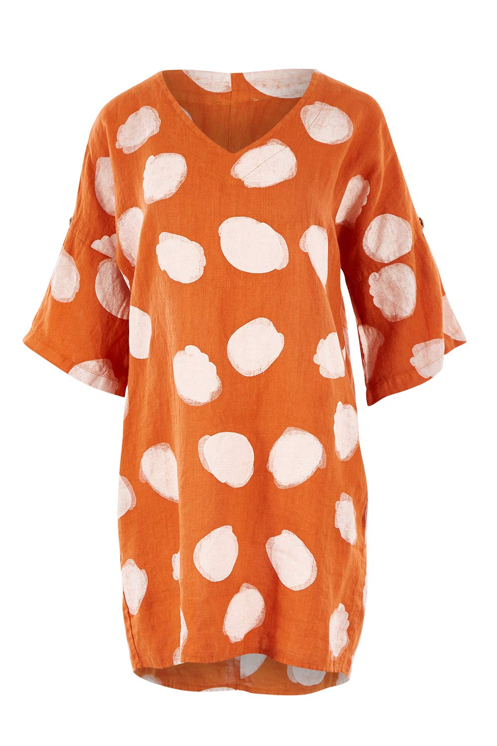 Product shot of the Blurred Spot Tunic in colour Orange, detail