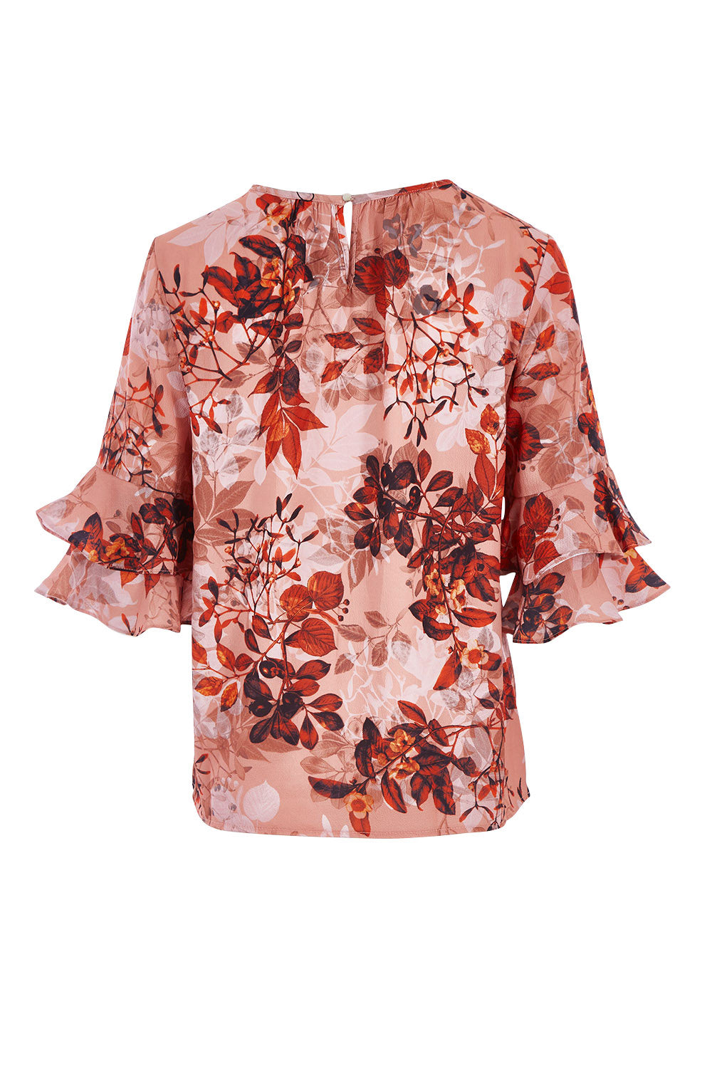 Product shot of the Frill Sleeve Top in colour LeafPrint (Pink), from the back