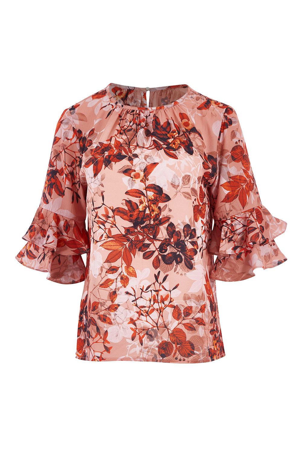 Product shot of the Frill Sleeve Top in colour LeafPrint (Pink), from the front