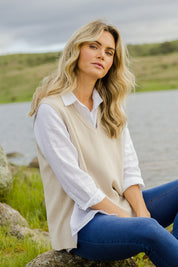 Model Alice wearing size S of the Cleo Vest in colour Oat, from the front, showing the whole outfit