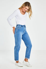 Model Kelly wearing size 10 of the Hi Mom Curve in colour Blissblue (Blue), from the front, showing the whole outfit