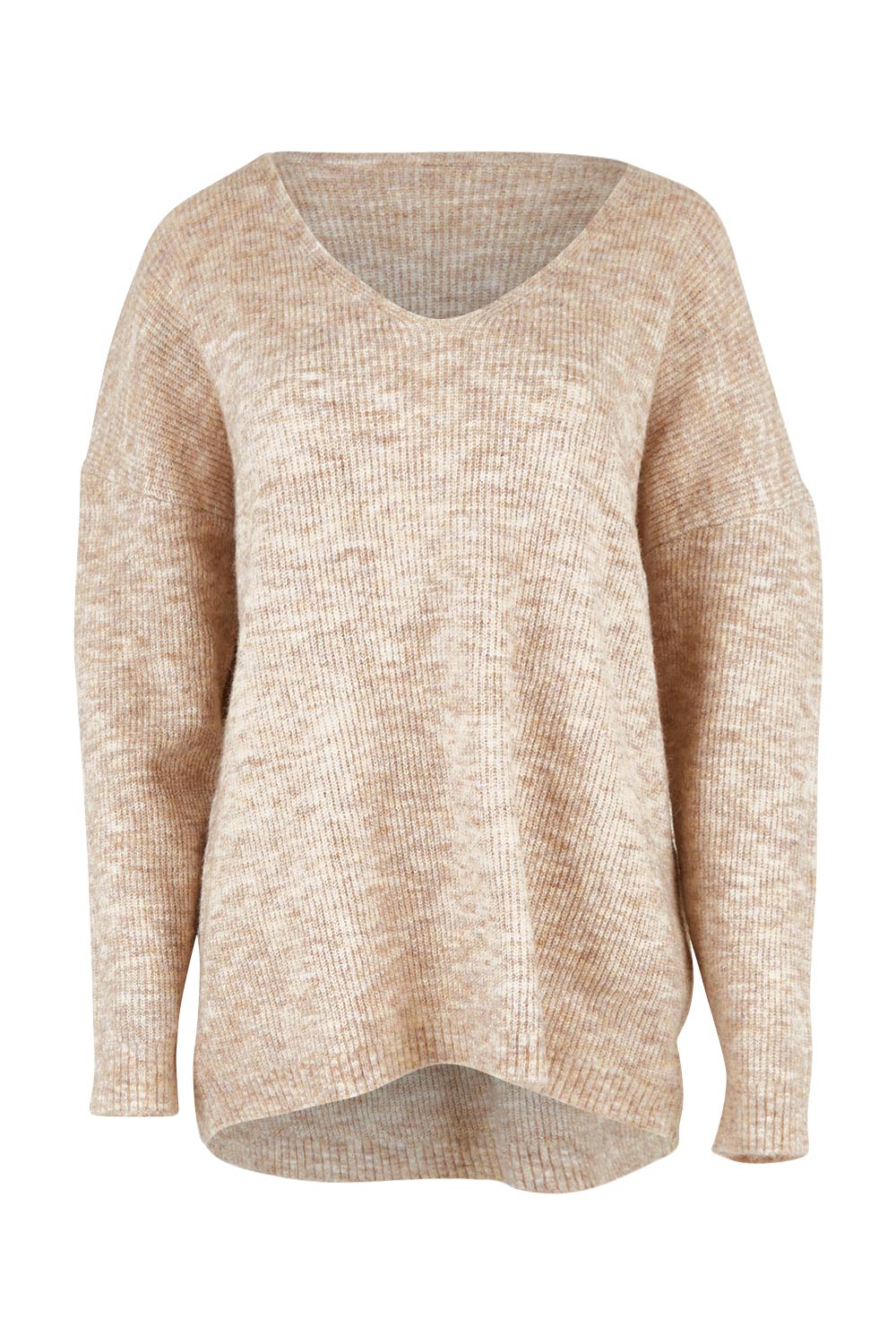 Product shot of the Verity V Neck Knit in colour Oatmeal, from the front