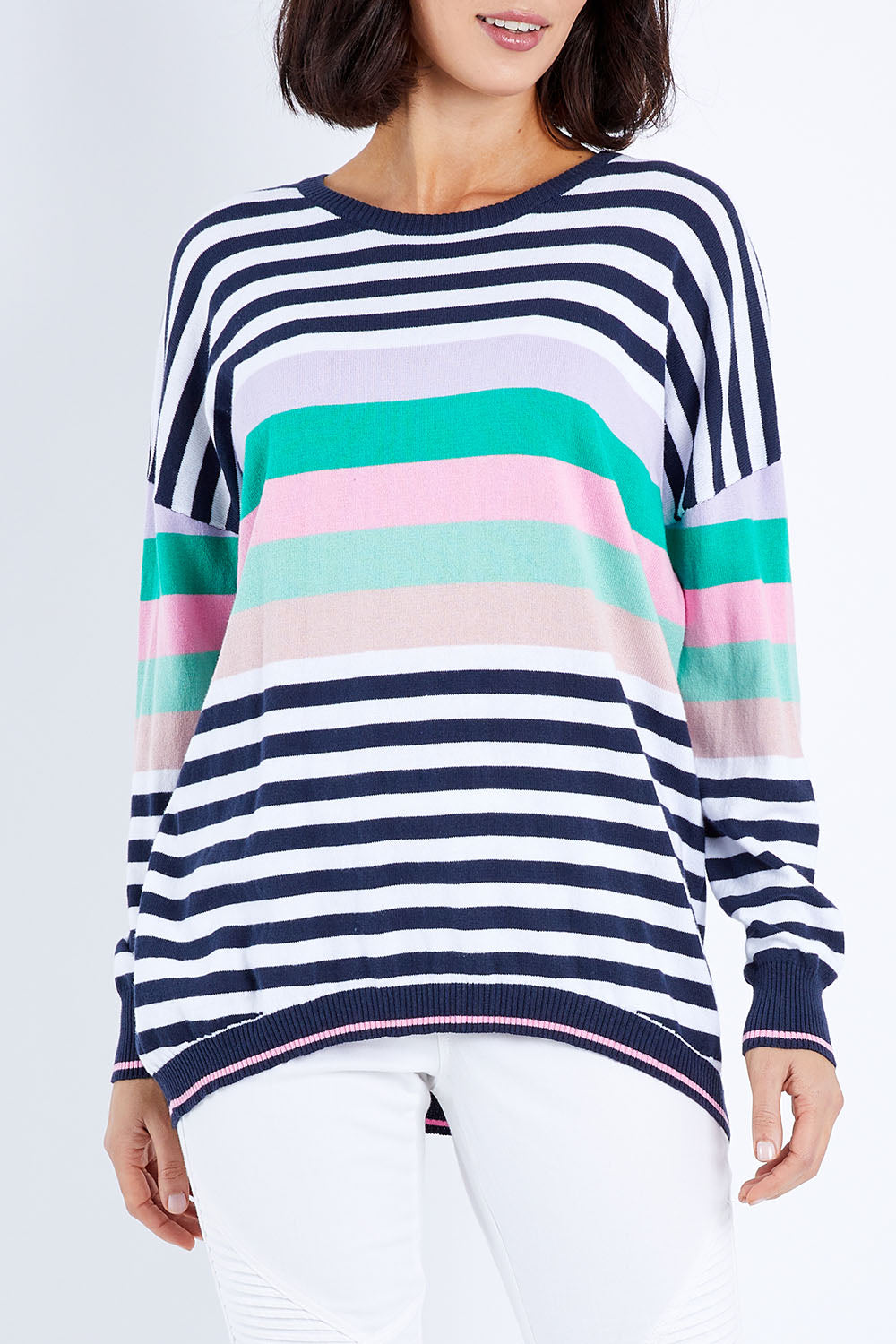 Model Andrea wearing size 10 of the Passion Stripe Knit in colour Stripe (White), from the front, cropped image