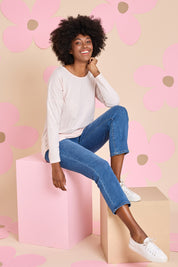 Model Aiyana wearing size 10 of the Ada Straight Leg Jean in colour Denim (Blue), from the front, showing the whole outfit