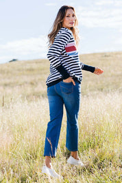 Model Amanda wearing size 10 of the Ada Straight Leg Jean in colour Denim (Blue), from the front, showing the whole outfit