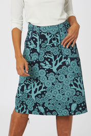 Model Cara wearing size S of the Avril Skirt Long Mikko in colour Greenink (Blue), from the front, cropped image