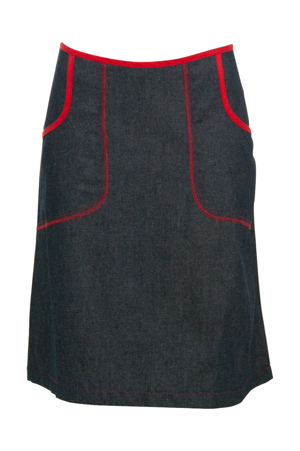Product shot of the Denim Pocket Skirt in colour Denim (Blue), from the front