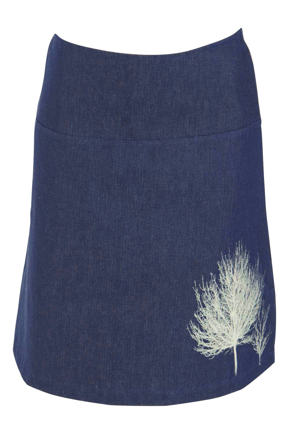 Product shot of the 2 Trees Panel Skirt in colour NatIndigo (Blue), from the front