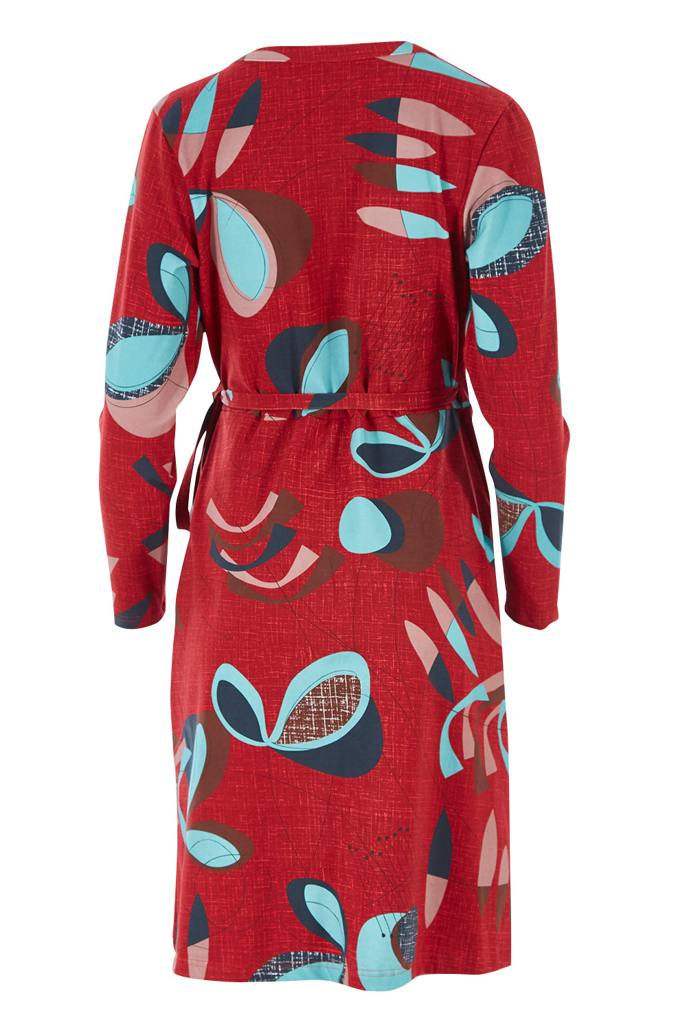 Product shot of the Fifty Wrap Dress in colour Fiftyred (Red), from the back