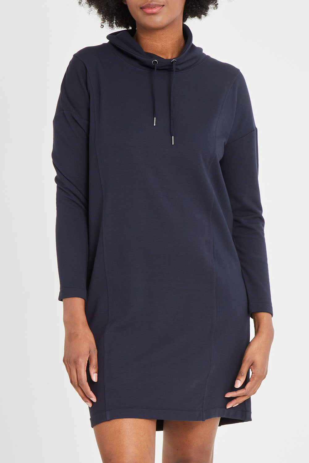 Model Aiyana wearing size S of the Soft Touch Dress in colour Truenavy (Blue), from the front, cropped image
