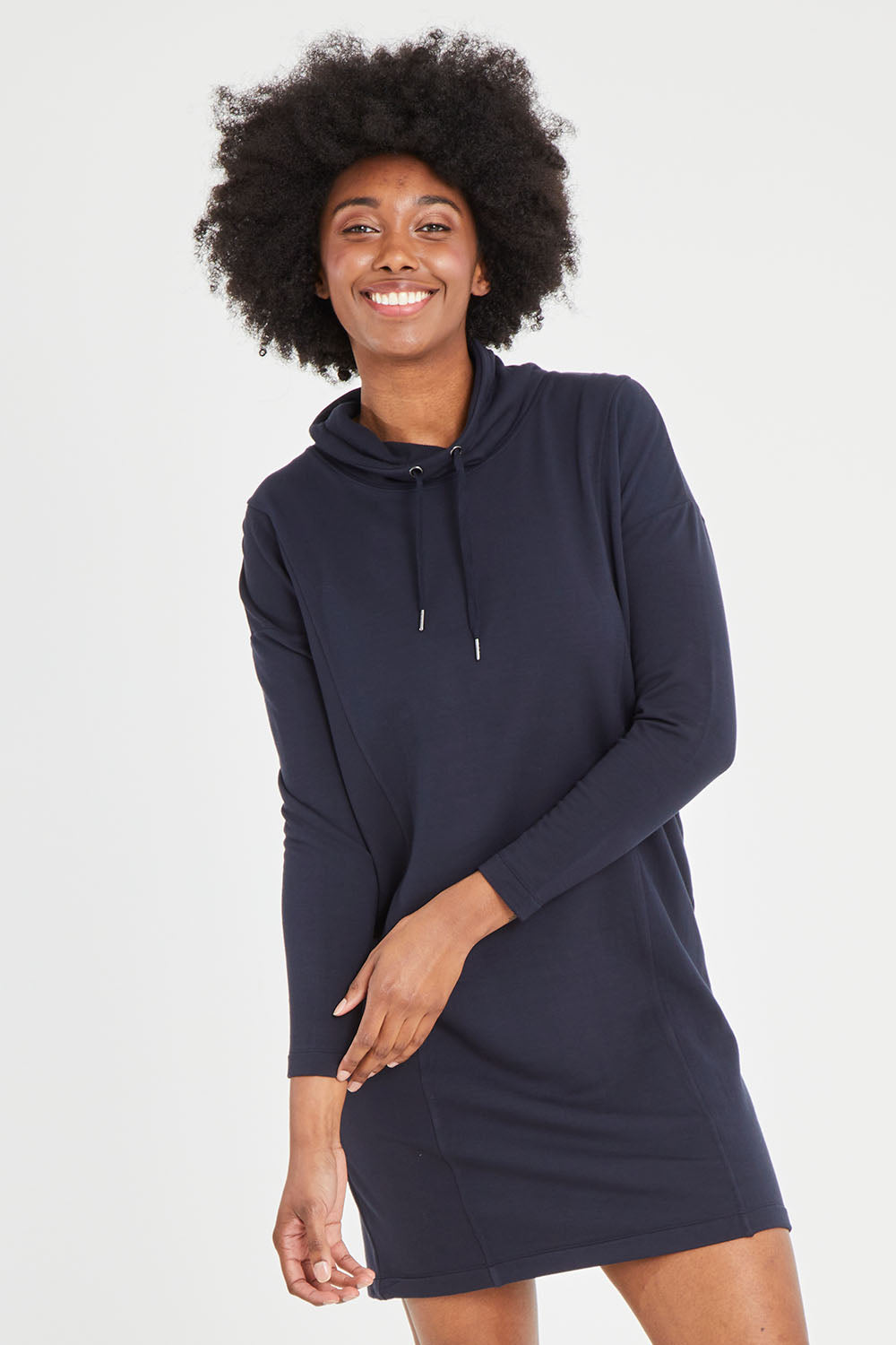Model Aiyana wearing size S of the Soft Touch Dress in colour Truenavy (Blue), from the front, cropped image