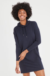 Model Aiyana wearing size S of the Soft Touch Dress in colour Truenavy (Blue), from the front, cropped image