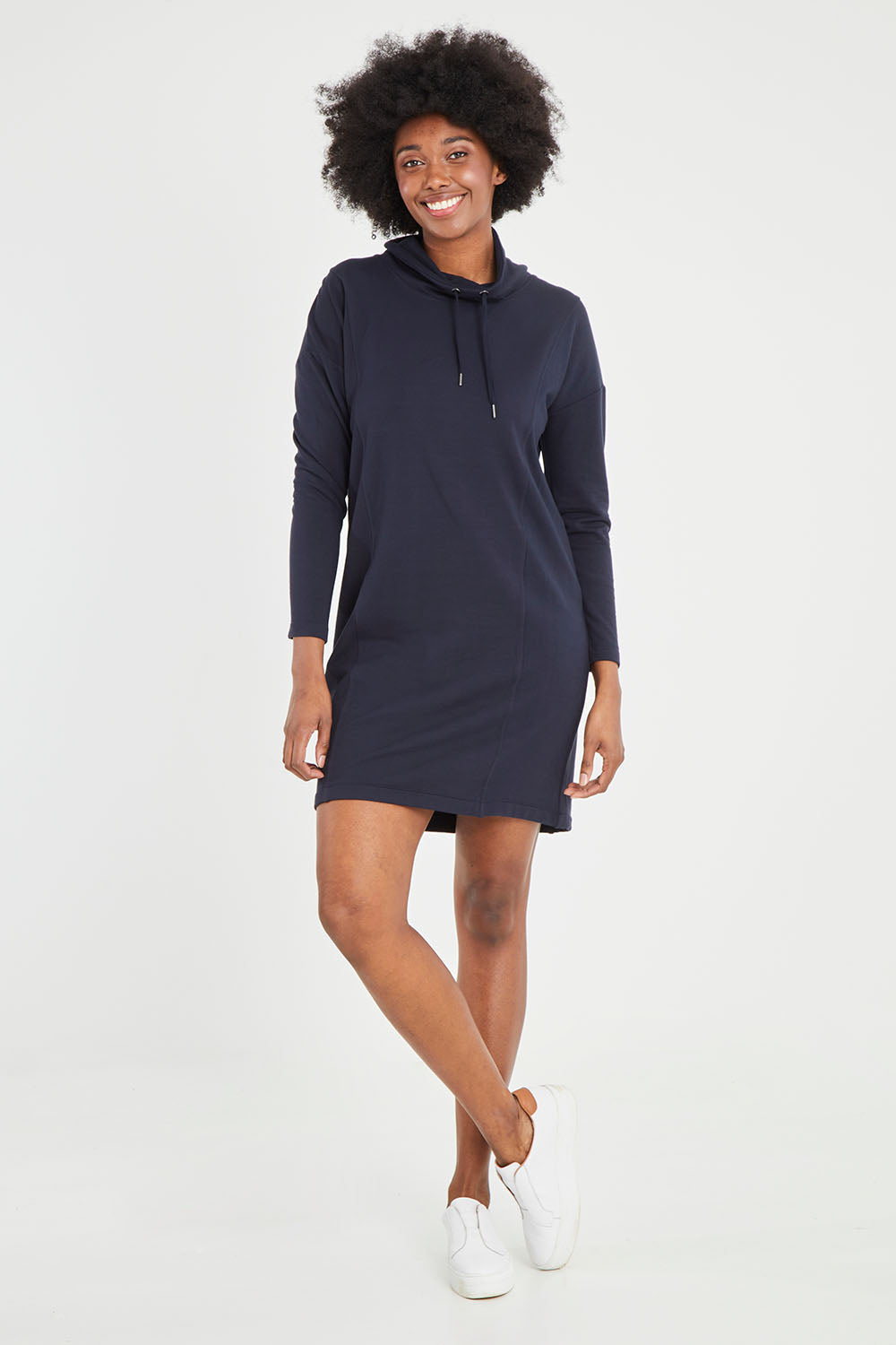 Model Aiyana wearing size S of the Soft Touch Dress in colour Truenavy (Blue), from the front, showing the whole outfit