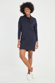 Model Aiyana wearing size S of the Soft Touch Dress in colour Truenavy (Blue), from the front, showing the whole outfit