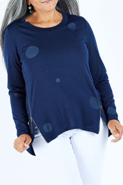Model Nadine wearing size S of the Wired & Wonderful in colour Spot (Blue), from the front, cropped image
