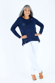 Model Nadine wearing size S of the Wired & Wonderful in colour Spot (Blue), from the front, showing the whole outfit