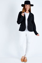 Model Katie wearing size 10 of the Elements Zinnia Blazer in colour Black (Black), from the front, showing the whole outfit