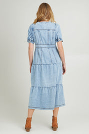 Model Grace wearing size 10 of the Astrid Denim Dress in colour Lightblue (Green), from the back