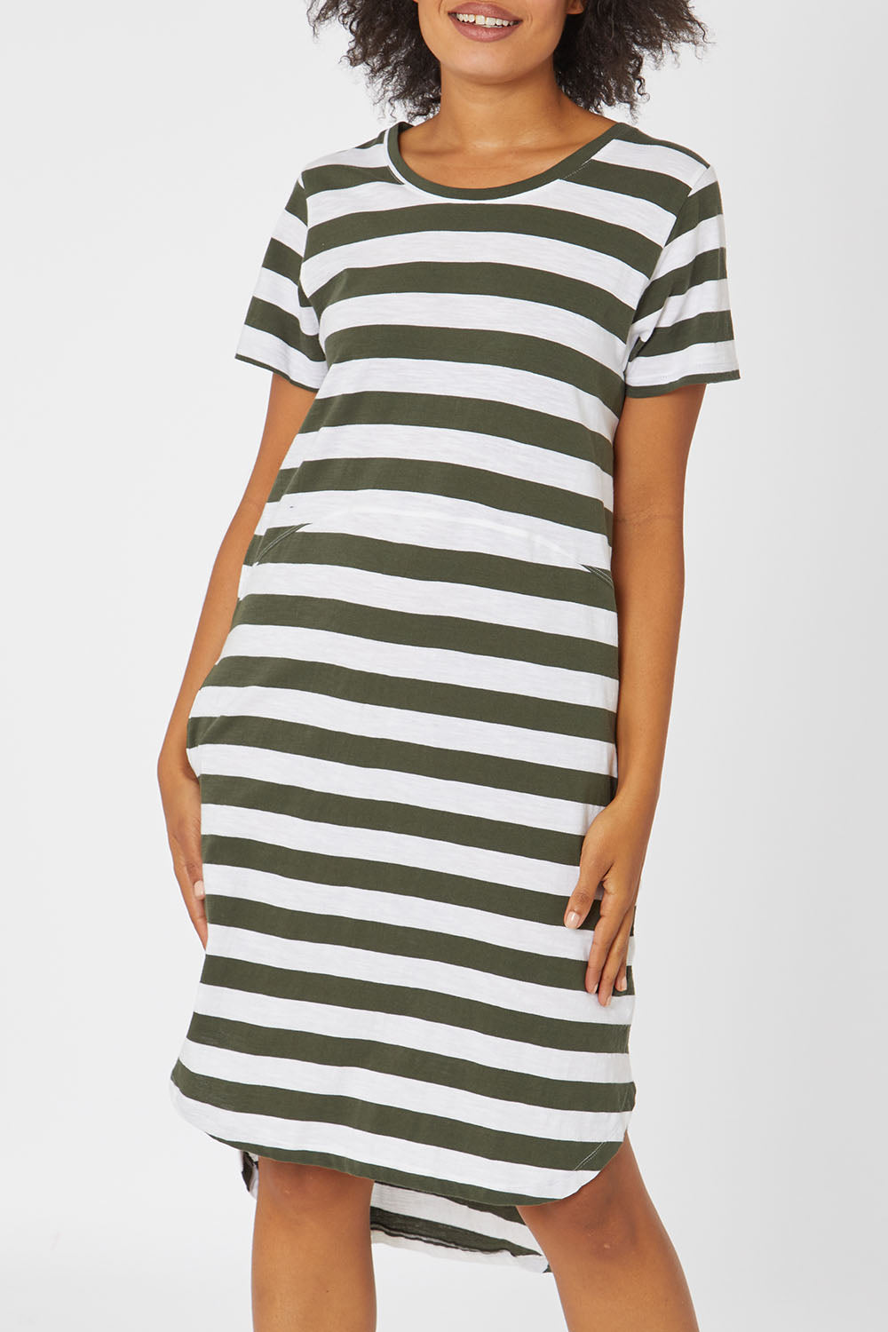 Model Olivia wearing size 10 of the Elements Bayley Dress in colour Khakstripe (White), from the front, cropped image