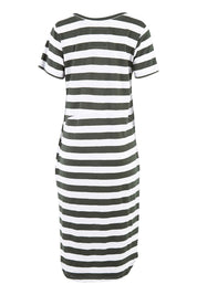 Product shot of the Elements Bayley Dress in colour Khakstripe (White), from the back