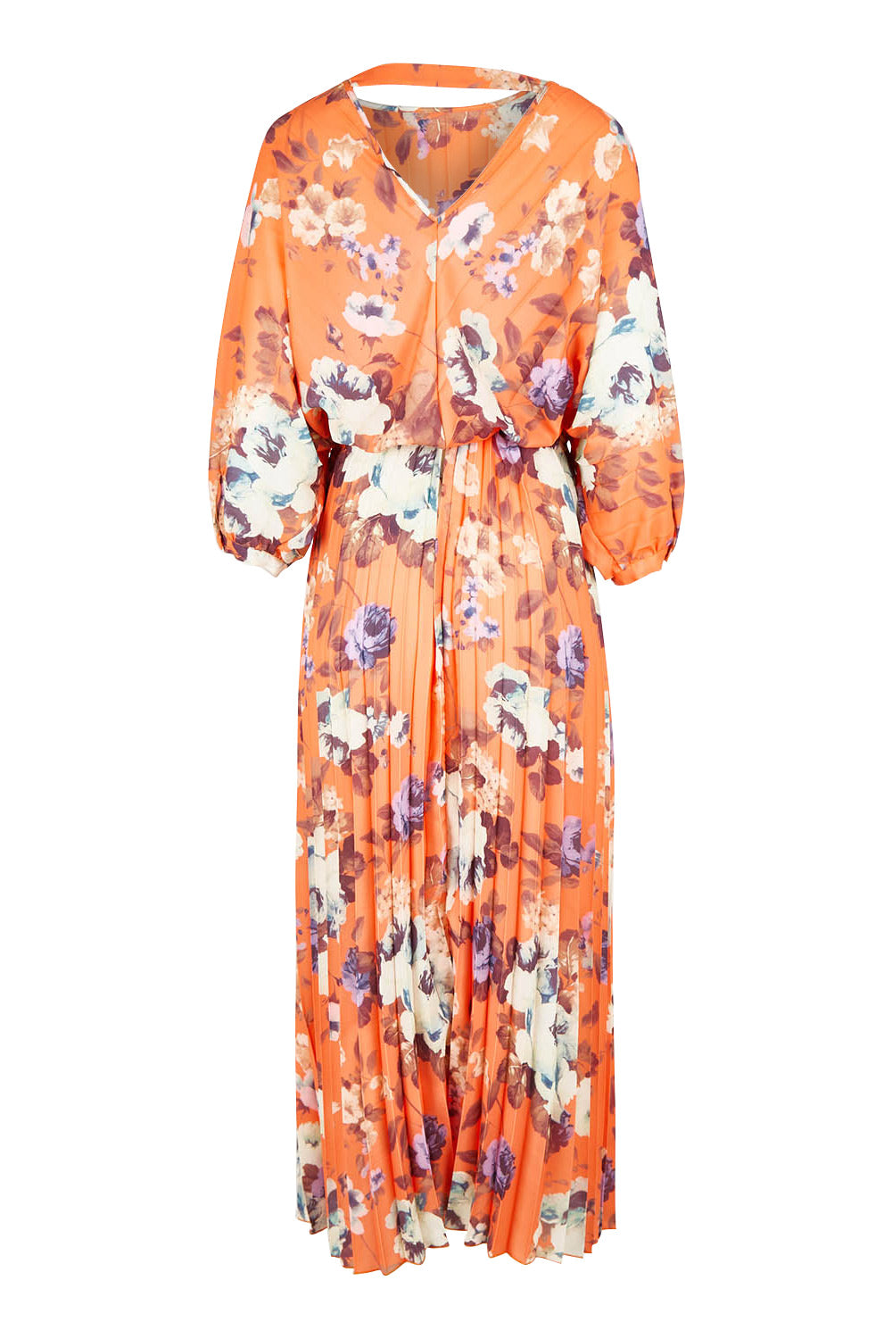 Product shot of the Jolene Pleated Maxi Dress in colour Tangerine, from the back