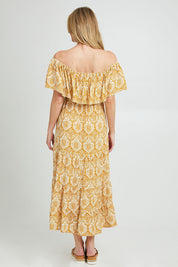 Model Grace wearing size 10 of the Affection Off Shoulder Dress in colour Starnight, from the back