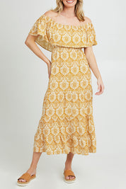 Model Grace wearing size 10 of the Affection Off Shoulder Dress in colour Starnight, from the front, cropped image