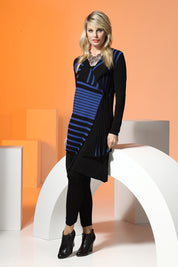 A model wearing the Striped Drape Cardigan in colour Cobalt (Blue), from the front, showing the whole outfit