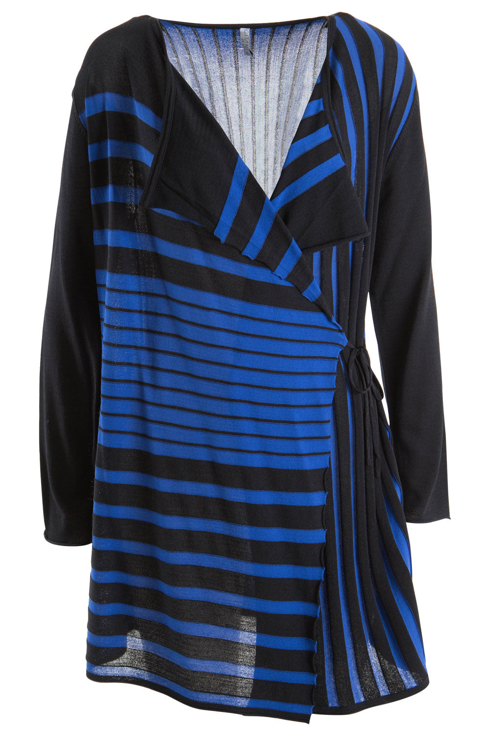 Product shot of the Striped Drape Cardigan in colour Cobalt (Blue), from the front