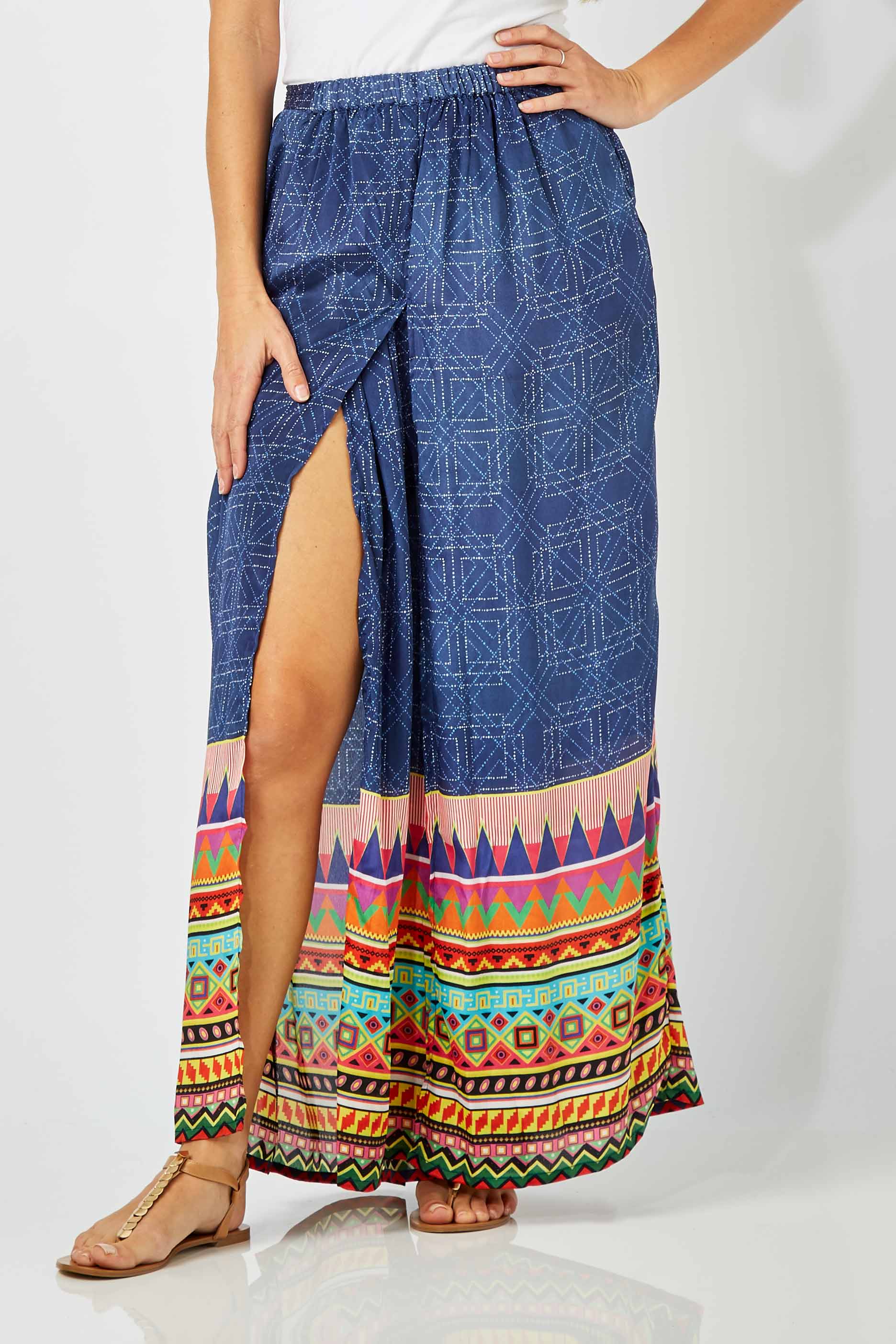 Model Anna wearing size S of the Durban Palazzo Pant in colour Durban (Blue), from the front, cropped image