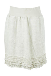 Product shot of the Frill Hem Pull On Linen Skirt in colour Natural, from the front