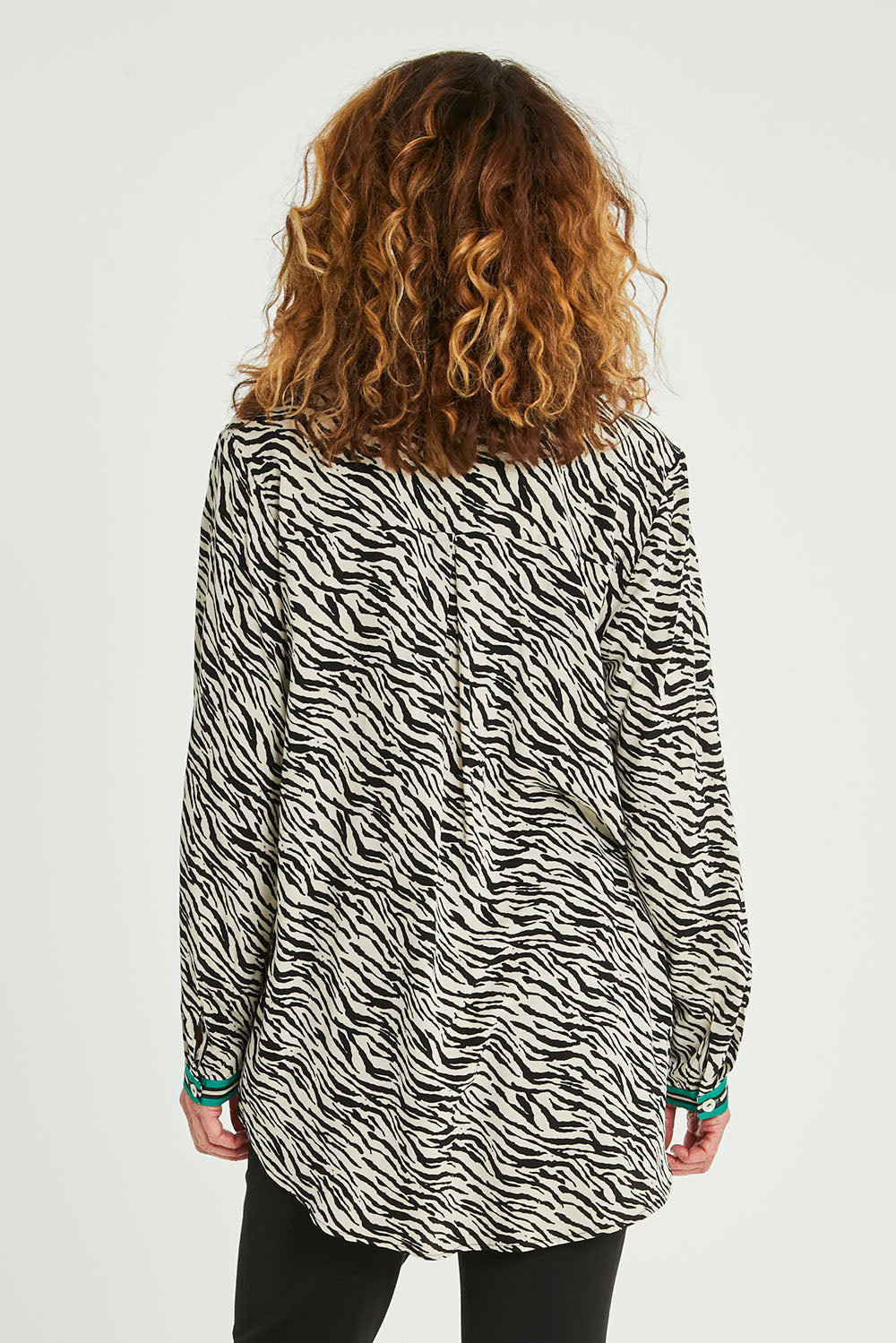 Model Emma wearing size 10 of the Animal Shirt With Green Trim in colour Emerald (Green), from the back