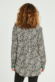 Model Emma wearing size 10 of the Animal Shirt With Green Trim in colour Emerald (Green), from the back