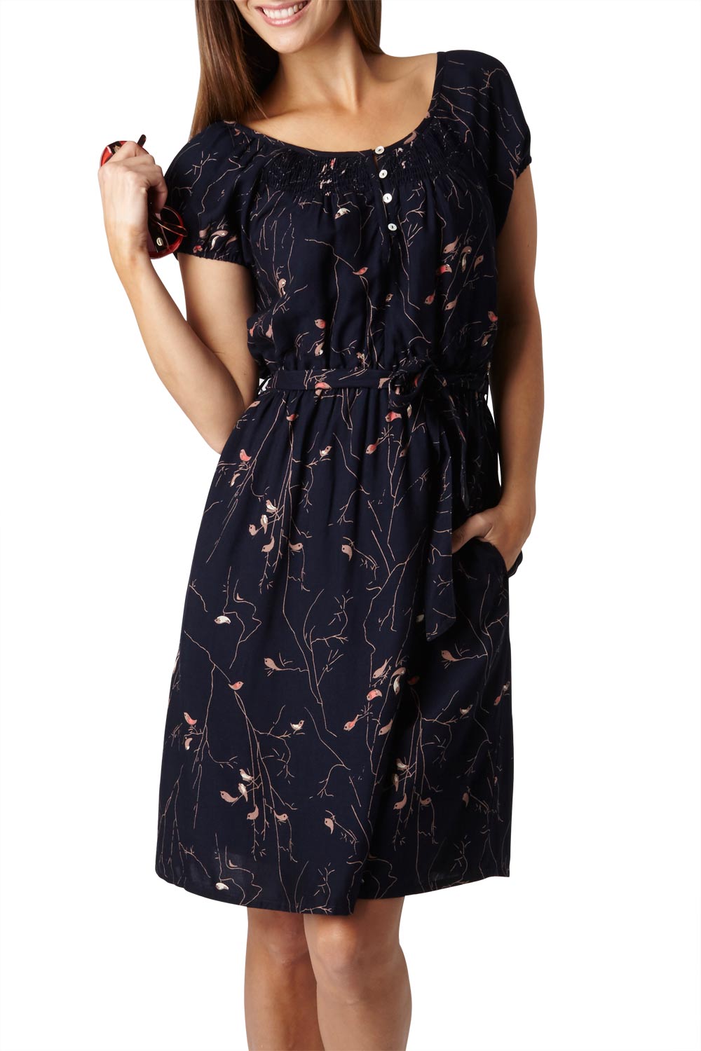 Model Anna wearing size 10 of the Cap Sleeve Dress in colour Navy (Blue), from the front, cropped image
