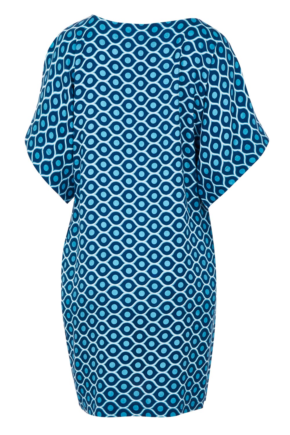 Product shot of the Bell Sleeve Tunic Dress in colour TearDrop (Blue), from the back
