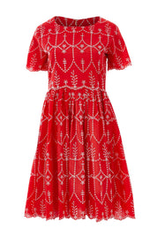 Product shot of the Printed Fit And Flare Dress in colour Embanglais (Red), from the front