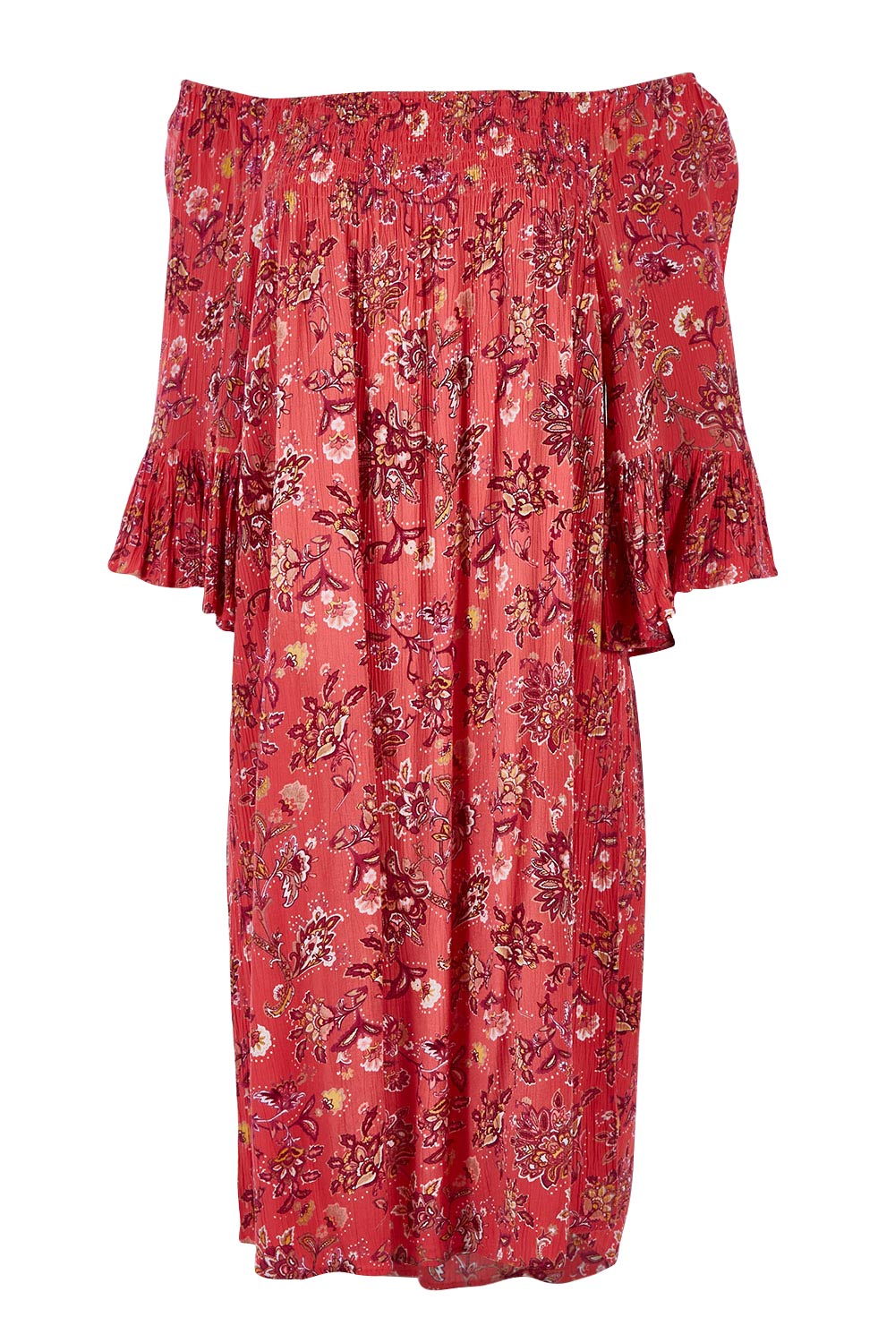 Product shot of the Off Shoulder Floral Dress in colour Persimmon (Pink), from the front